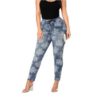 Juicy Couture Denim Blue Floral Pants – Size 31 | Mid Rise | Stretch Jeans